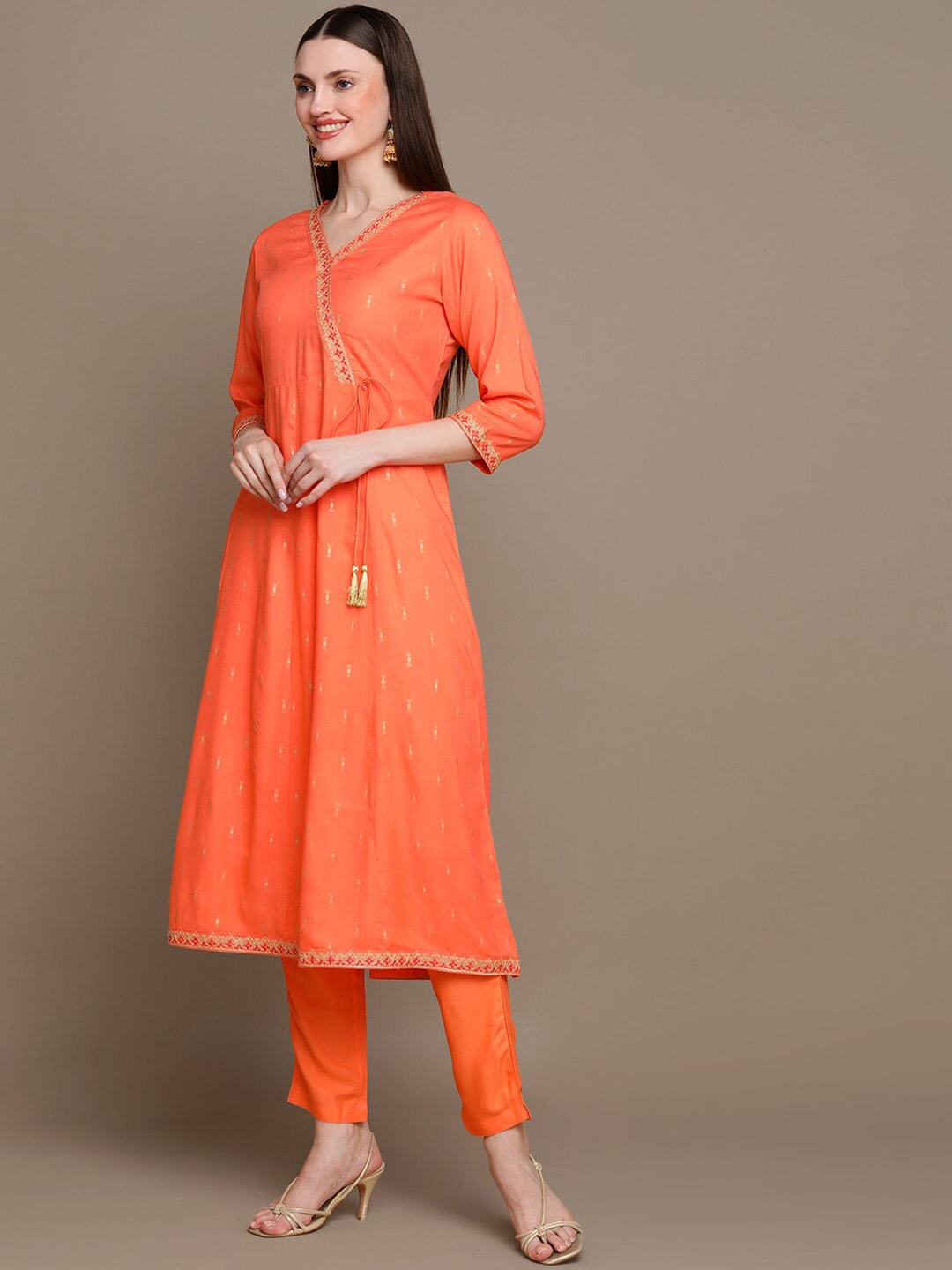 HERE&NOW Ethnic Motifs Printed Thread Work Angrakha Kurta with Palazzos & Dupatta