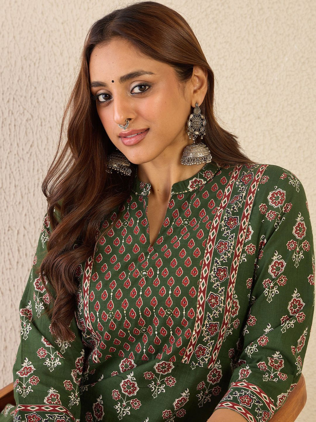 Indo Era Women Floral Printed Regular Sequinned Detail Pure Cotton Kurta with Trousers - Distacart