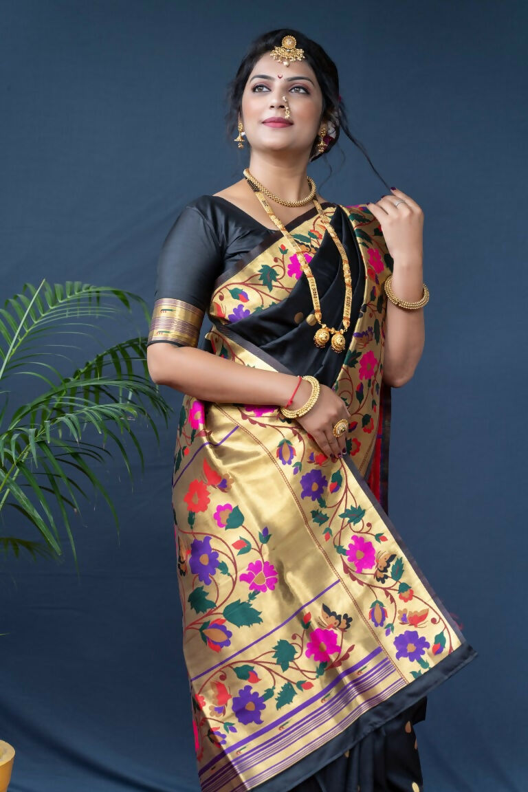 Jyoti Fashion Women's Black Paithani Silk Zari Woven Saree with Blouse