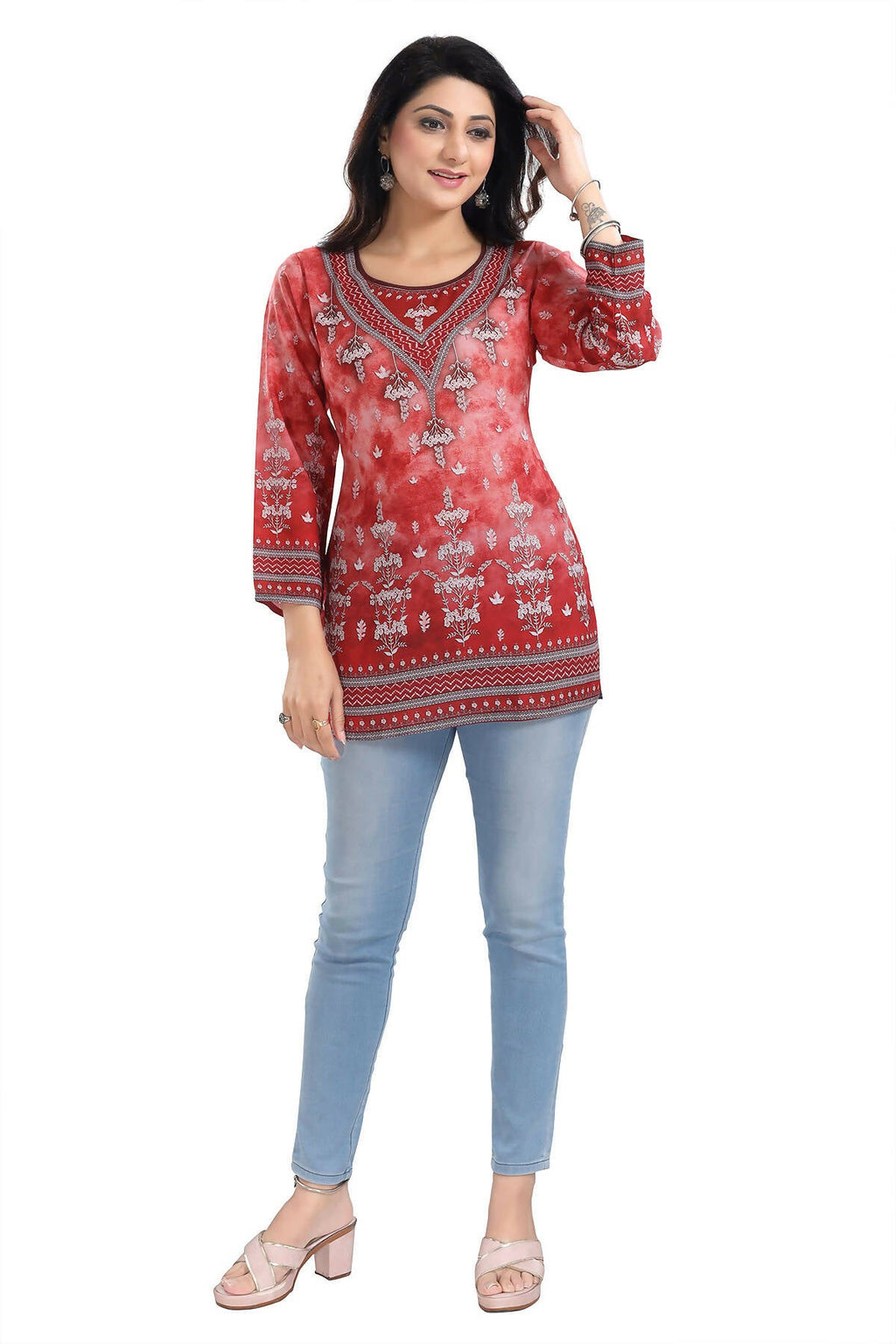 Snehal Creations Rustic Rust Faux Crepe Printed Short Kurti Tunic Top - Distacart