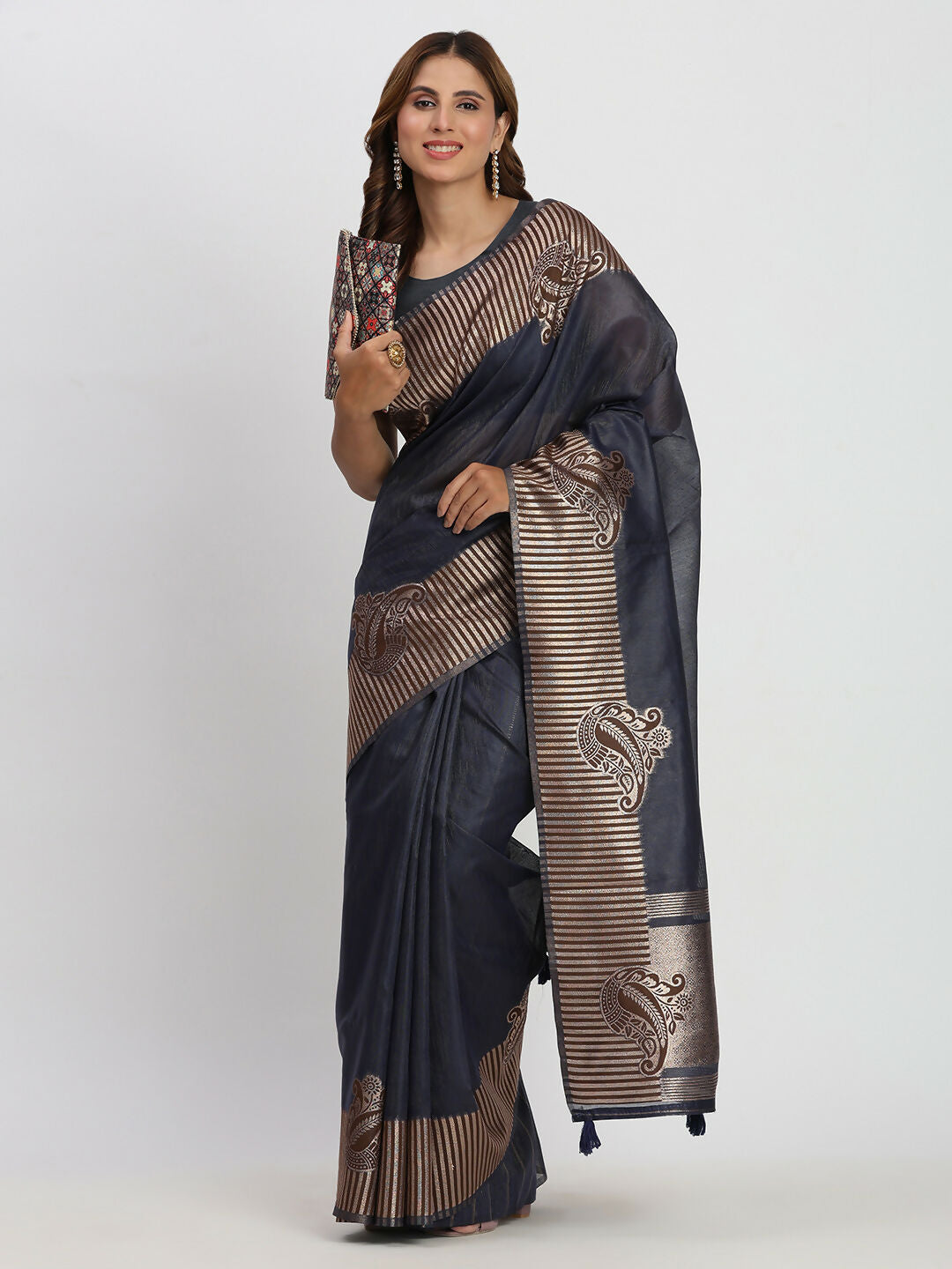 Shree Shyam Fashion Linen Cotton Navy Blue Saree - Distacart