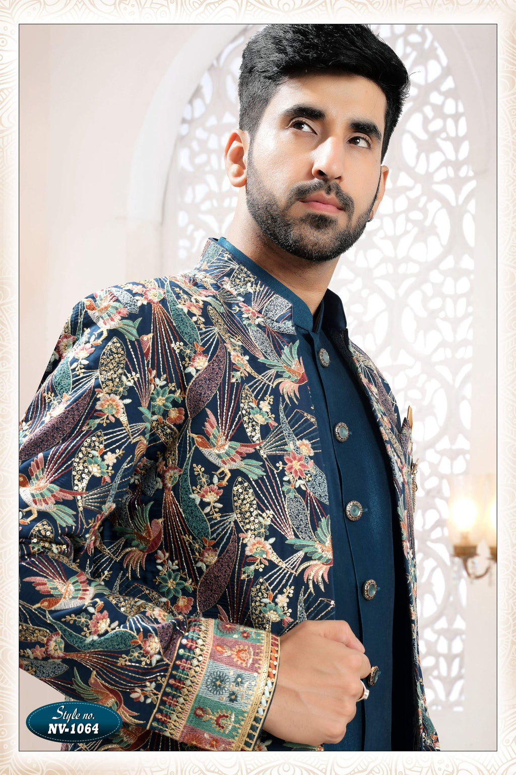 Joban Fashion Men's Blue Straight Silk Thread And Sequence Embroidery All Over 3 Pc Kurta Set