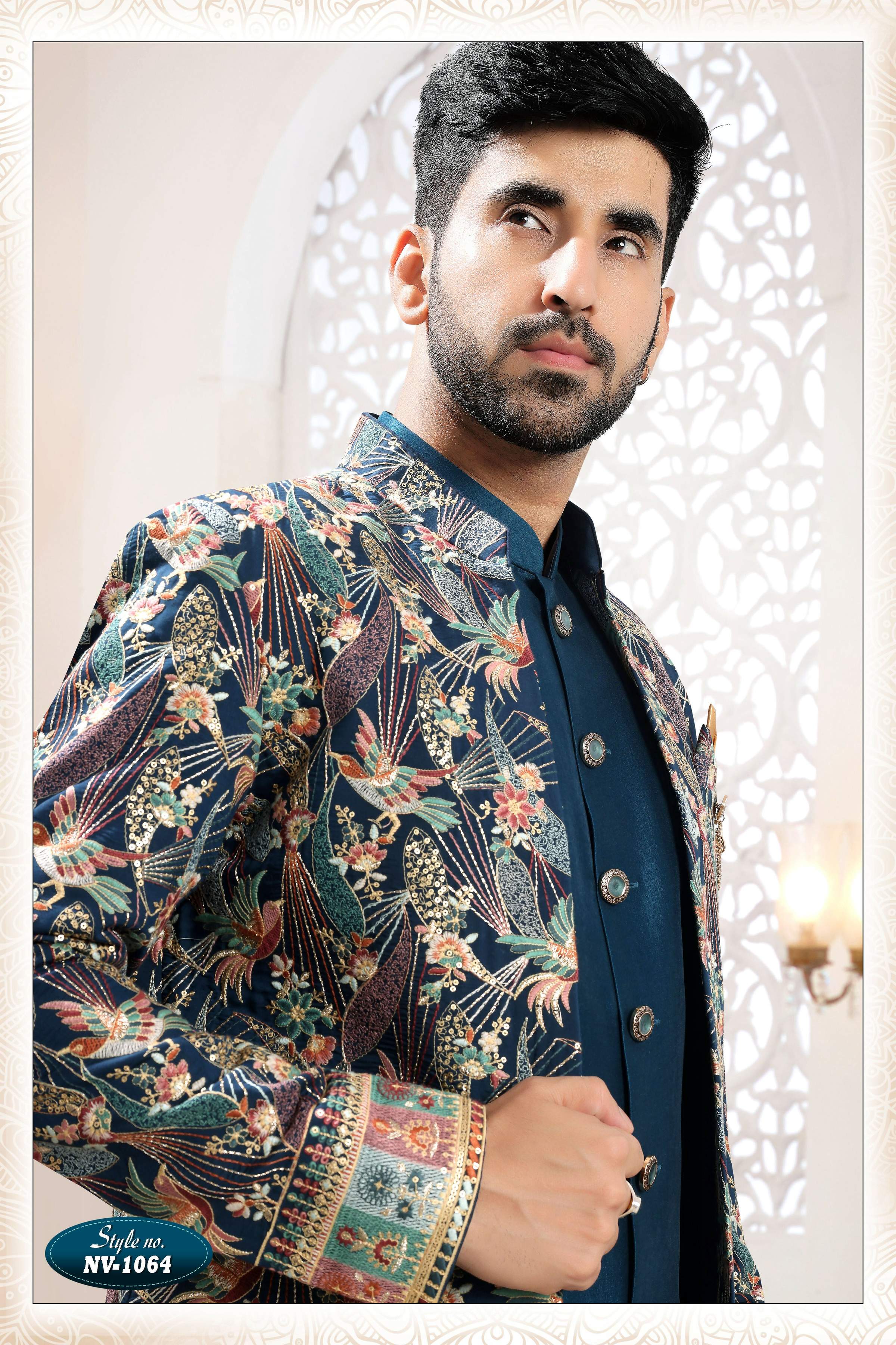 Joban Fashion Men's Blue Straight Silk Thread And Sequence Embroidery All Over 3 Pc Kurta Set
