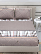 DREAM WEAVERZ Beige Checked 220 TC Glazed Cotton Bedsheet with Pillow Covers