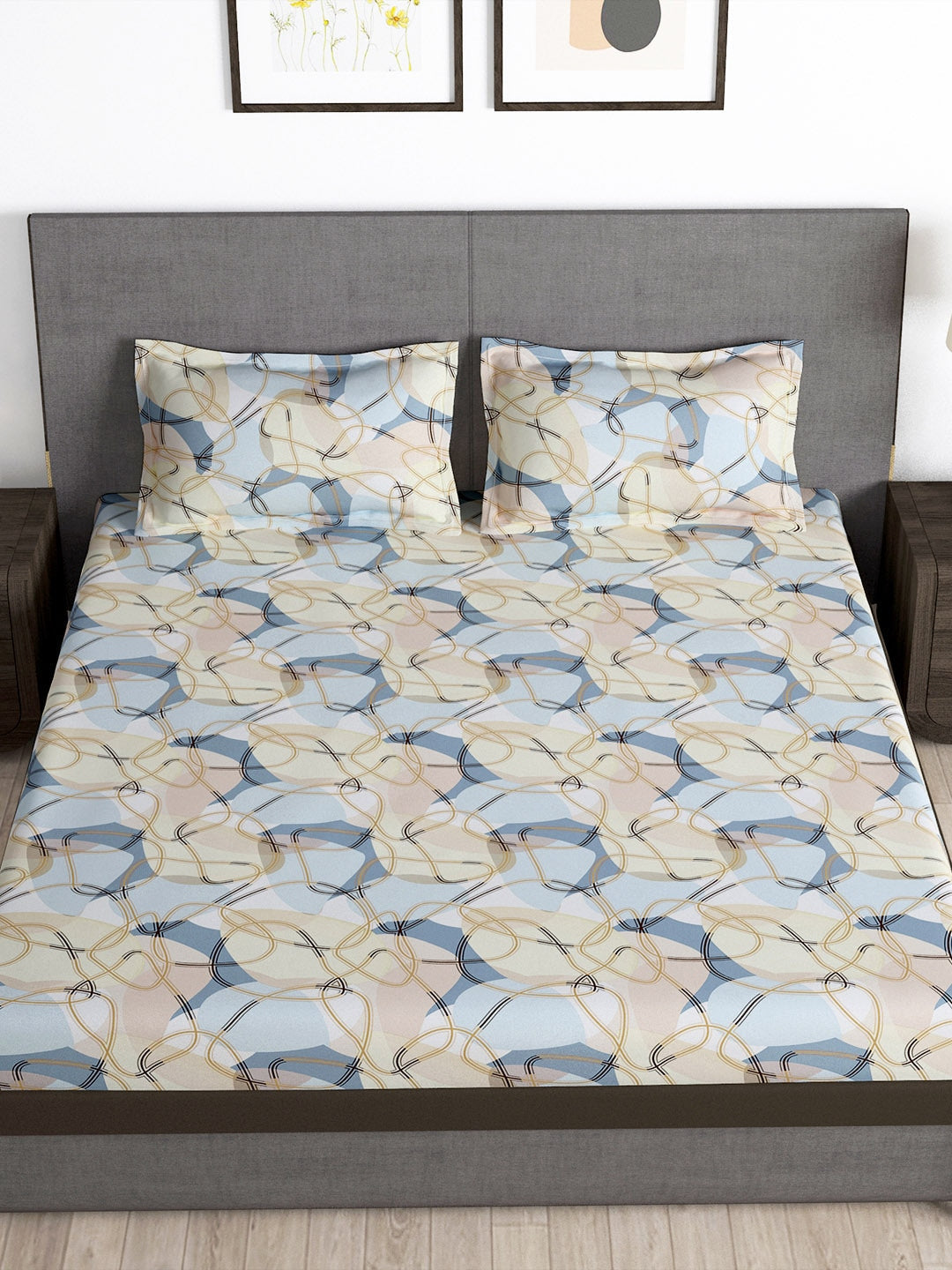 Story@home Arena Cream-Coloured & Grey Printed 180 TC Bedsheet & Pillow Covers - Distacart