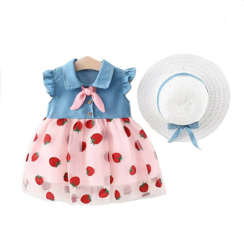 Bold N Elegant Cap Sleeve Denim Embroidered Midi Party Dress Frock with Hat Dress - Strawberry Pink