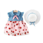 Bold N Elegant Cap Sleeve Denim Embroidered Midi Party Dress Frock with Hat Dress - Strawberry Pink