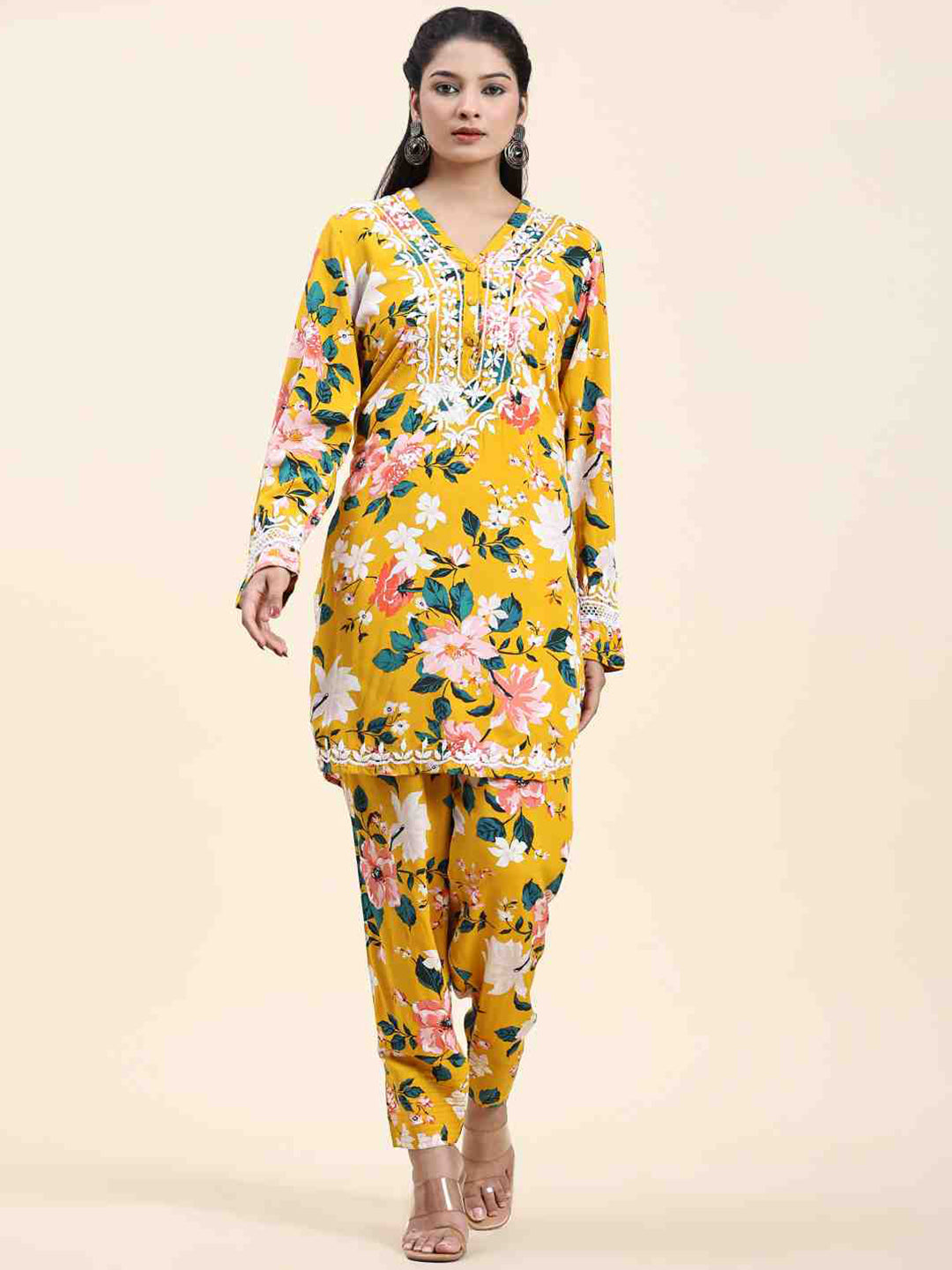 HOUSE OF KARI Floral Printed Chikankari Regular Straight Pure Cotton Kurta with Trousers