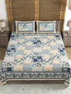 Sangria Blue & Brown Printed Cotton 210TC Double King Bedsheet With 2 Pillow Covers