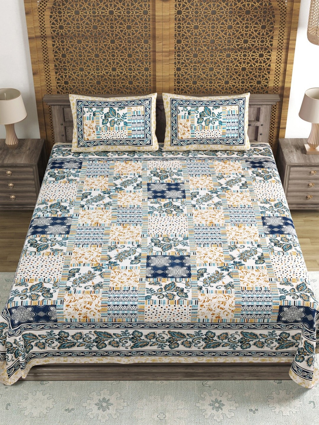 Sangria Blue & Brown Printed Cotton 210TC Double King Bedsheet With 2 Pillow Covers