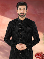 Joban Fashion Men's Black Base Straight Velvet Thread And Sequence Embroidary All Over Indo-Western Kurta Set
