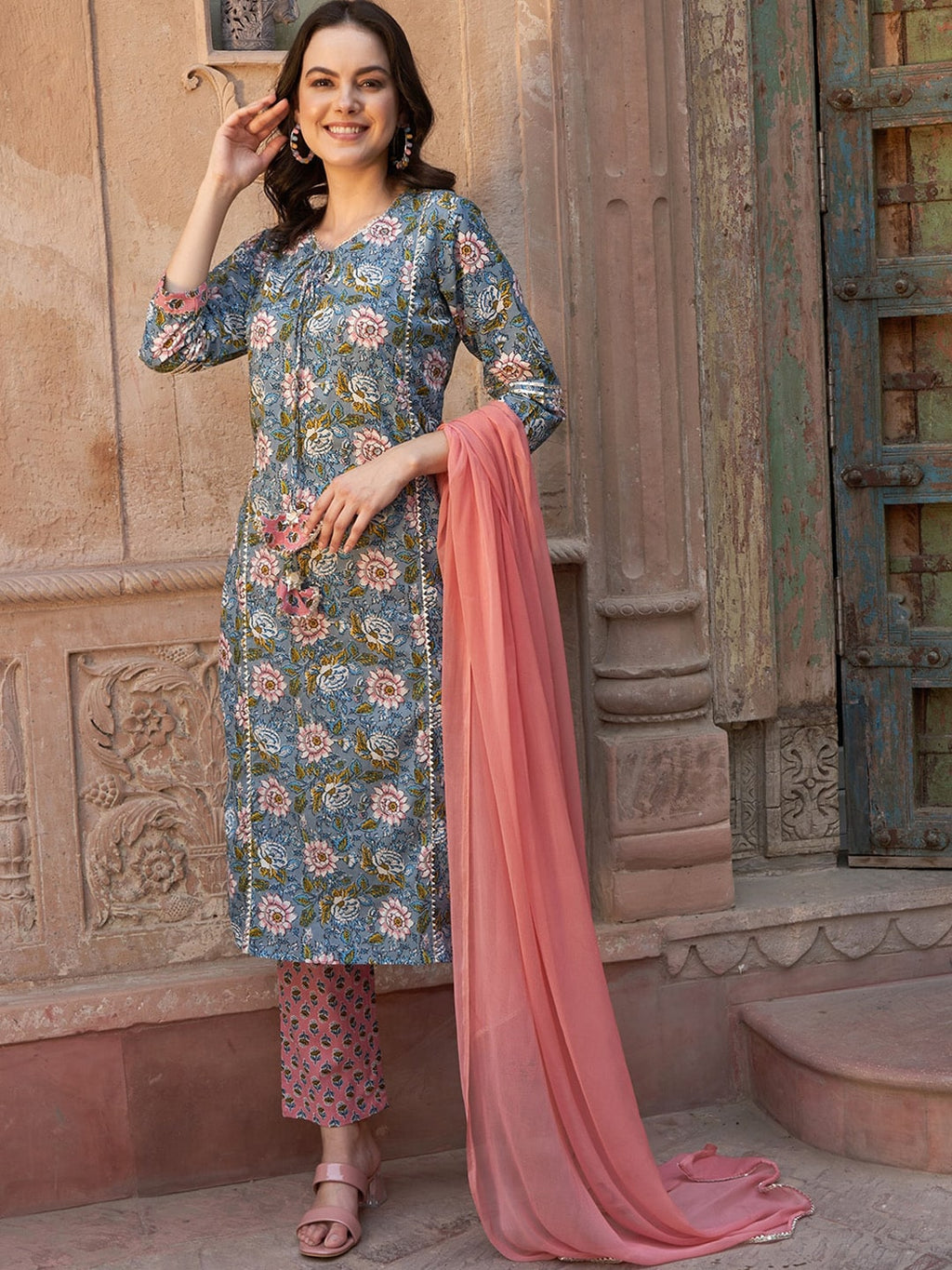 Sangria Blue Floral Printed Gotta Patti Pure Cotton Kurta with Trousers & Dupatta