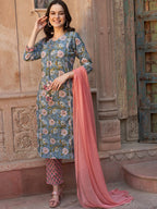 Sangria Blue Floral Printed Gotta Patti Pure Cotton Kurta with Trousers & Dupatta