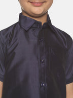 Sethukrishna Boys Navy Blue & White Solid Shirt and Veshti Set