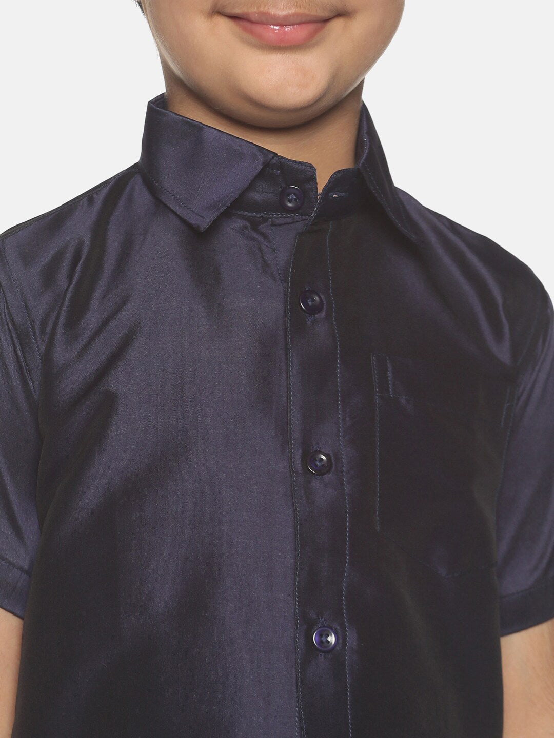 Sethukrishna Boys Navy Blue & White Solid Shirt and Veshti Set