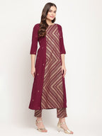 Ahalyaa Women's Wine Crepe Gold Glitter Print Kurta Trouser Set