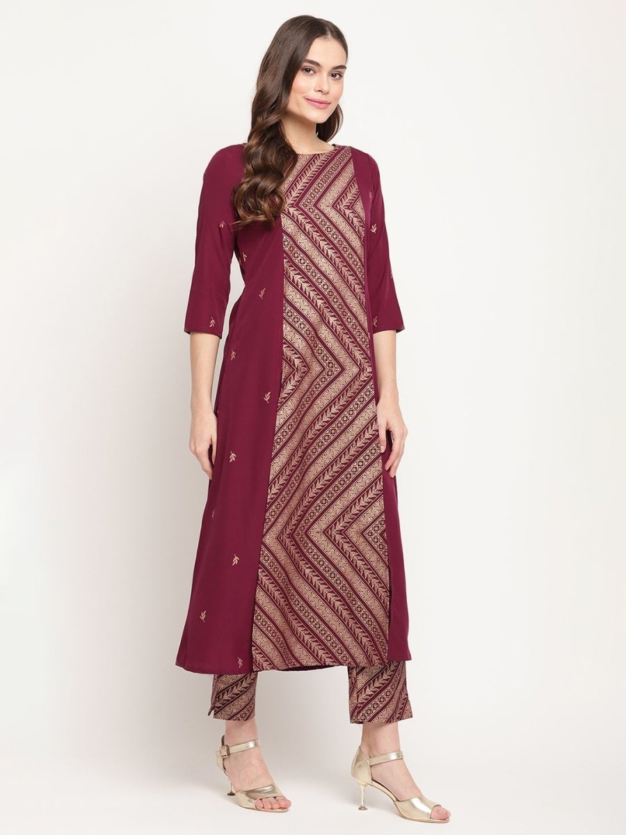 Ahalyaa Women's Wine Crepe Gold Glitter Print Kurta Trouser Set
