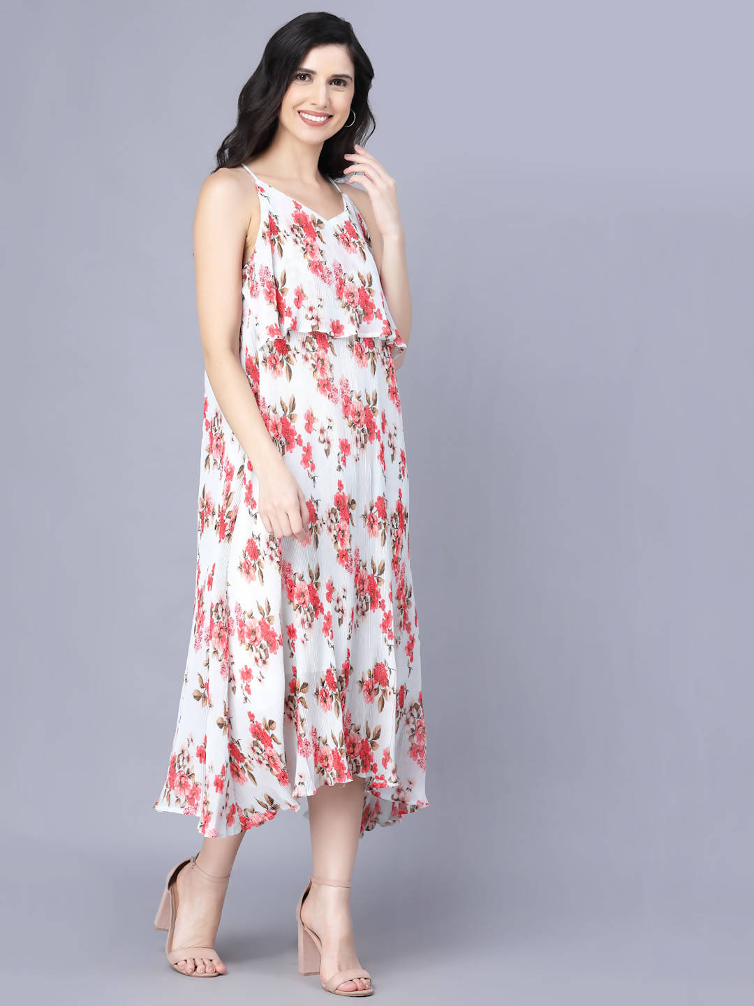 Myshka White Red Floral Layered Midi Dress - Distacart