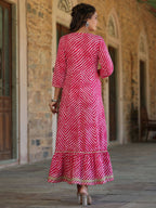 Juniper Women's Fuschia Printed Embroidered Mirror Work Sequin Cotton Flared Dress - Distacart