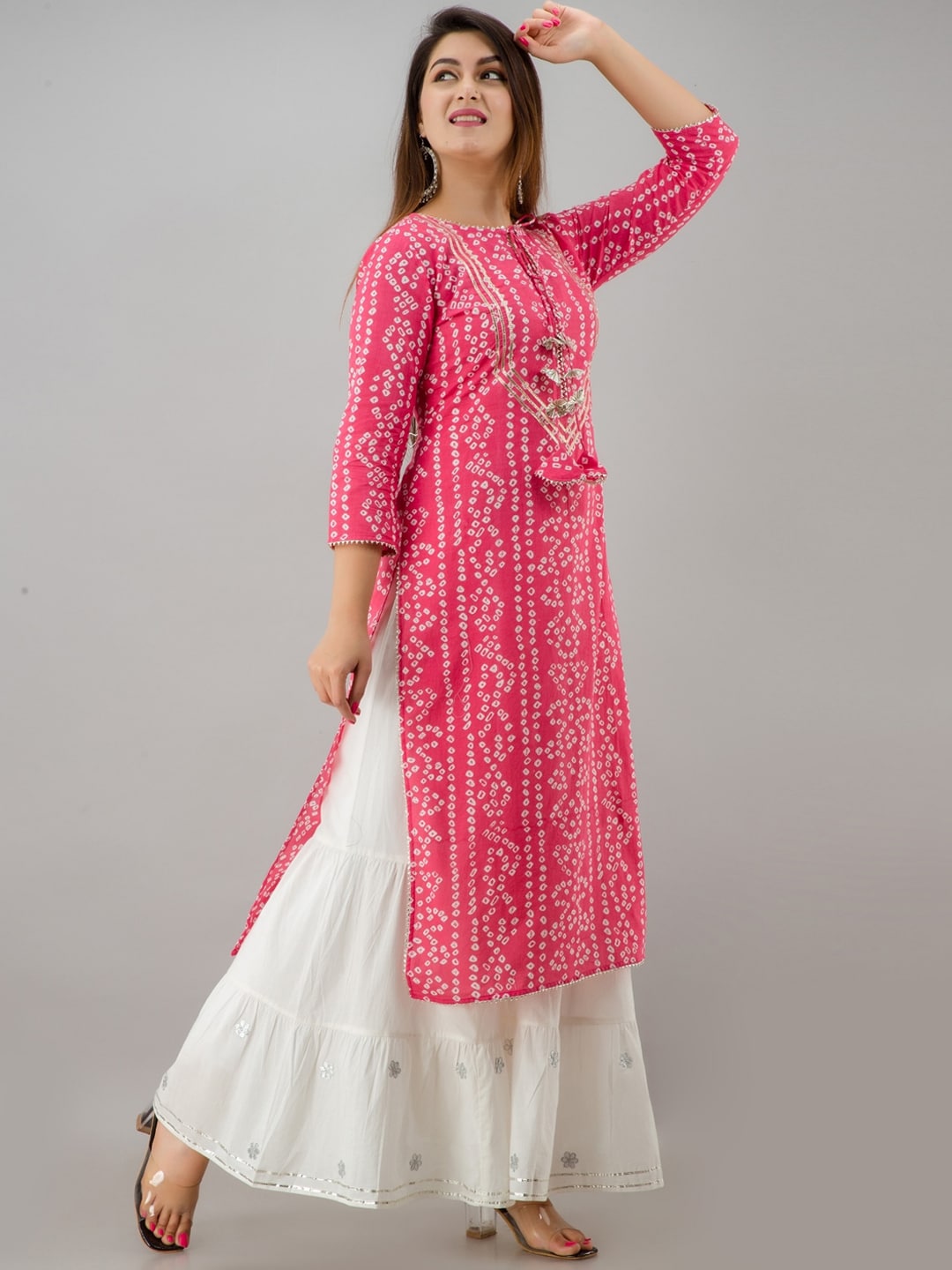 HERE&NOW Pink Tie Up Neck Bandhani Printed Gotta Patti Kurta