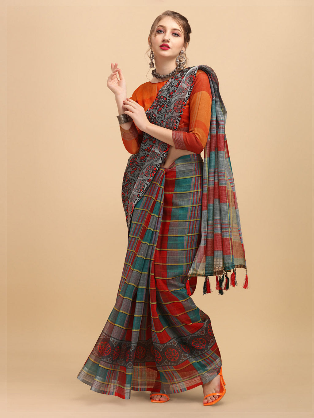 Sangria Grey & Red Beads and Stones Pure Linen Saree - Distacart