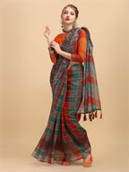Sangria Grey & Red Beads and Stones Pure Linen Saree - Distacart