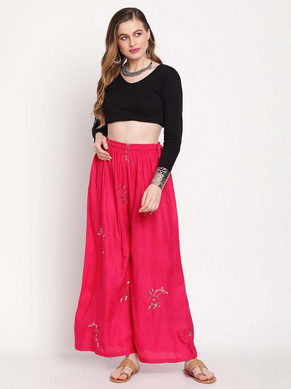 TAG 7 Women Pink & Gold-Toned Ethnic Motifs Embellished Flared Palazzos