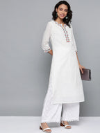 HERE&NOW Women White Cotton Straight Thread Work Kurta - Distacart
