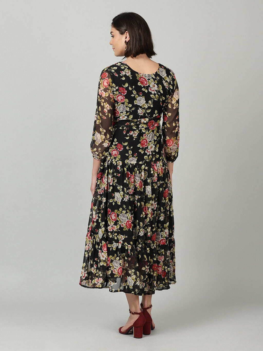 Souchii Black & Pink Floral Chiffon Midi Dress - Distacart