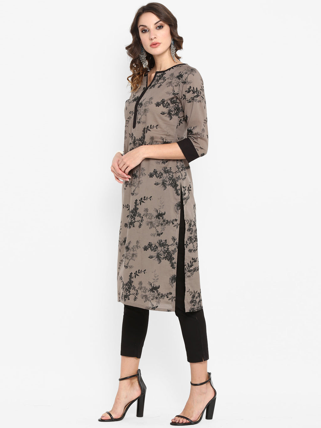 Janasya Taupe & Black Printed Straight Kurta - Distacart