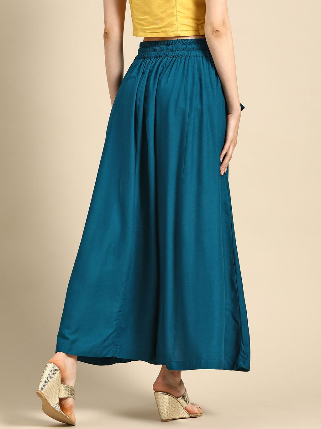 TAG 7 Women Teal Blue Solid Flared Palazzos