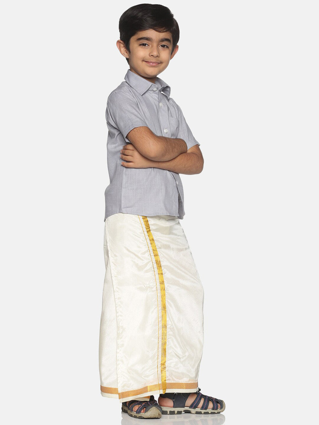Sethukrishna Boys Grey & White Solid Shirt with Veshti Set