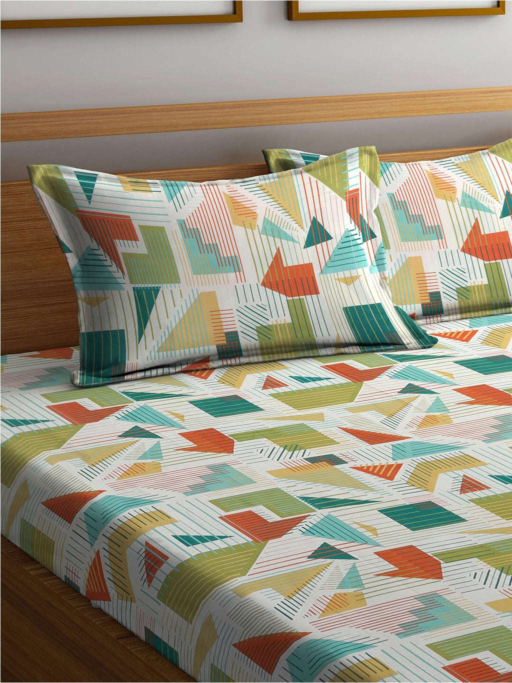 BOMBAY DYEING Serenita Yellow Geometric Cotton 144 TC King Bedsheet & 2 Pillow Covers