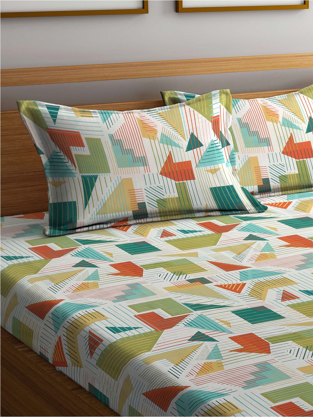 BOMBAY DYEING Serenita Yellow Geometric Cotton 144 TC King Bedsheet & 2 Pillow Covers