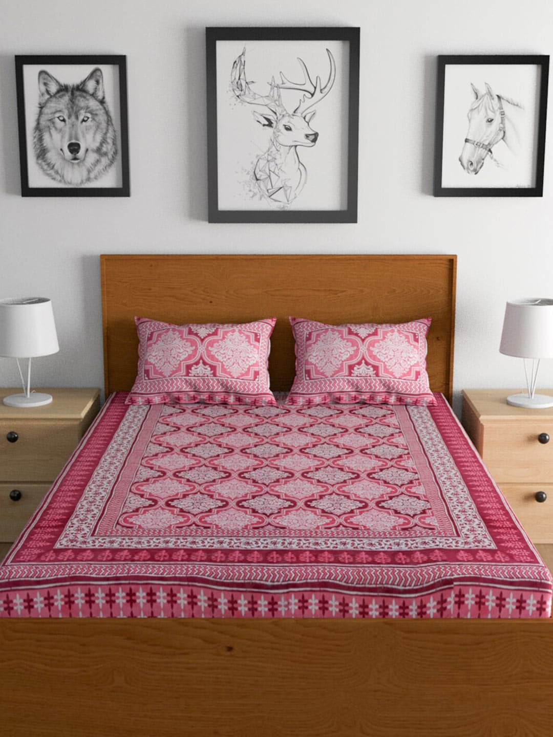 Urban Magic Pink Printed Cotton 104 TC King Bedsheet with 2 Pillow Covers