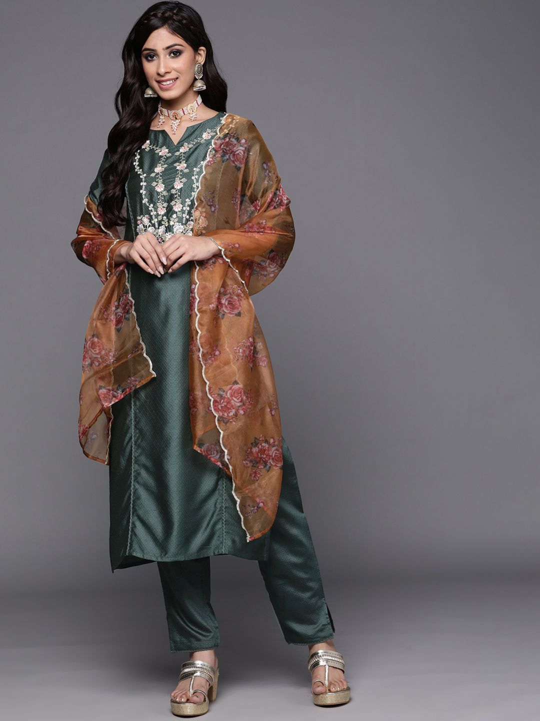 Indo Era Women Green Ethnic Motifs Embroidered Kurta with Trousers & With Dupatta - Distacart