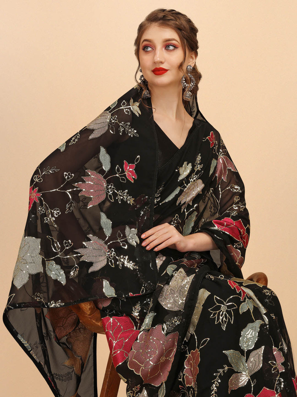 Sangria Black & Red Floral Sequinned Pure Georgette Saree - Distacart