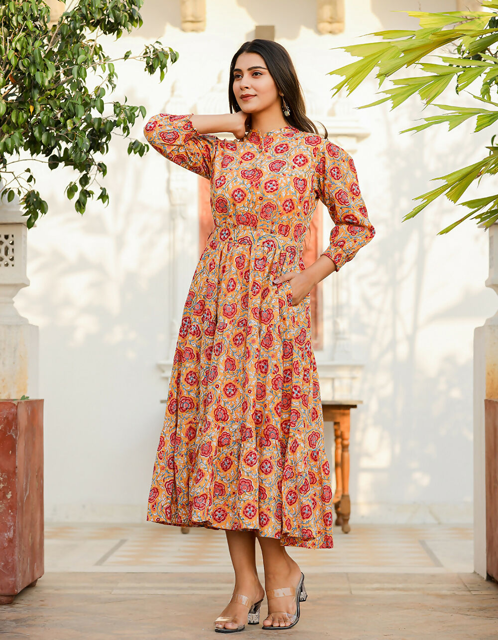 Kaajh Women's Yellow-Red Floral Hand Block Print Cotton Dress - Distacart