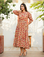 Kaajh Women's Yellow-Red Floral Hand Block Print Cotton Dress - Distacart