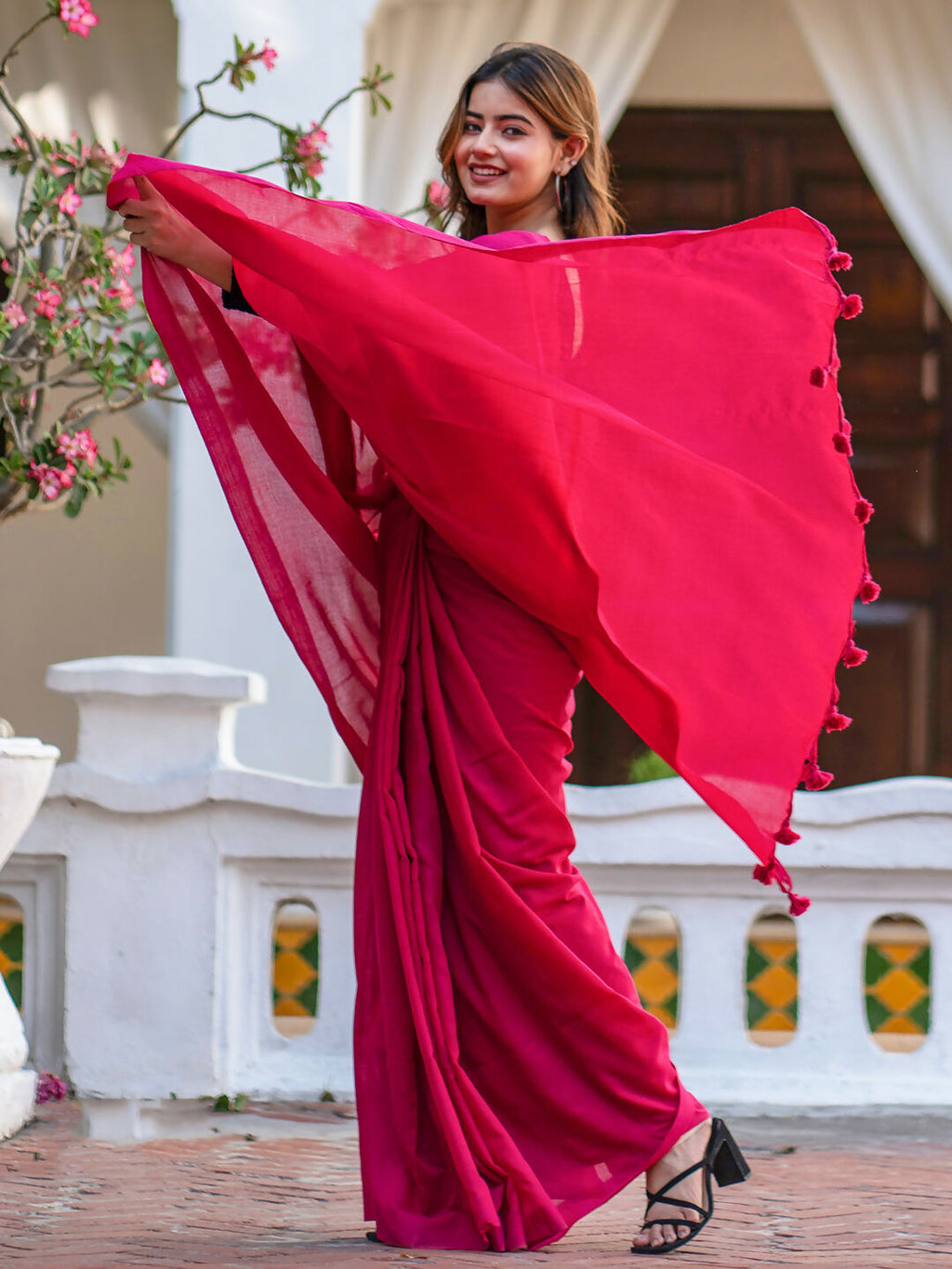 Zibaa Hand-Dyed Mul Cotton Pink Saree with Tassels - Distacart