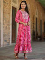 Juniper Women's Fuschia Printed Embroidered Mirror Work Sequin Cotton Flared Dress - Distacart