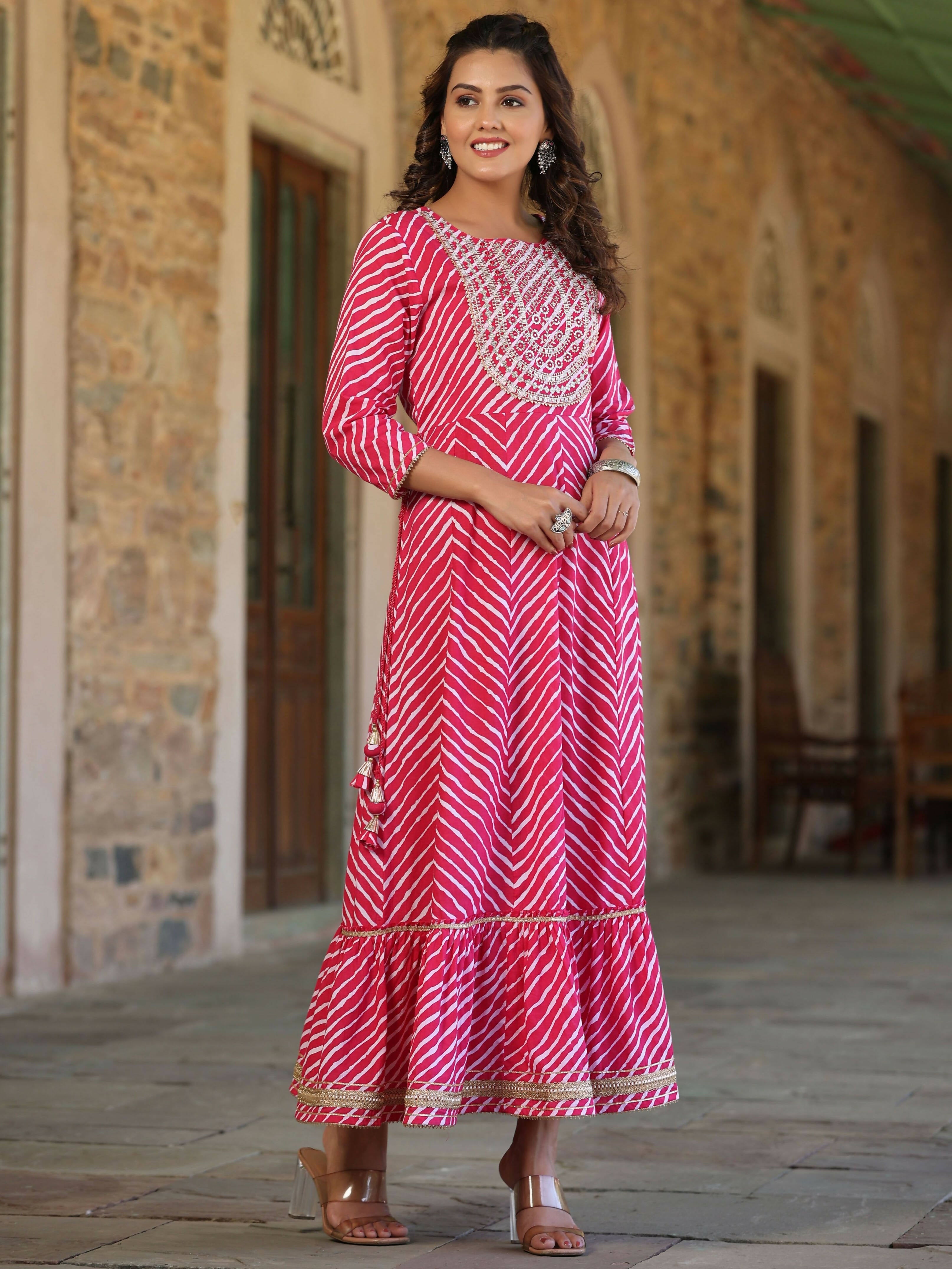 Juniper Women's Fuschia Printed Embroidered Mirror Work Sequin Cotton Flared Dress - Distacart