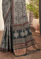 Grey Gajji Silk Paisley Print with Hand work Border Saree - Norita Nirvi