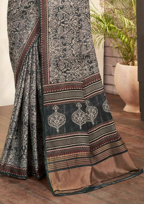 Grey Gajji Silk Paisley Print with Hand work Border Saree - Norita Nirvi