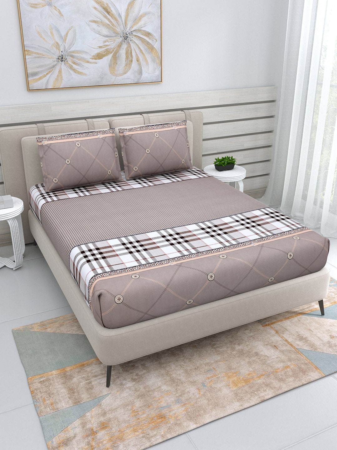 DREAM WEAVERZ Beige Checked 220 TC Glazed Cotton Bedsheet with Pillow Covers