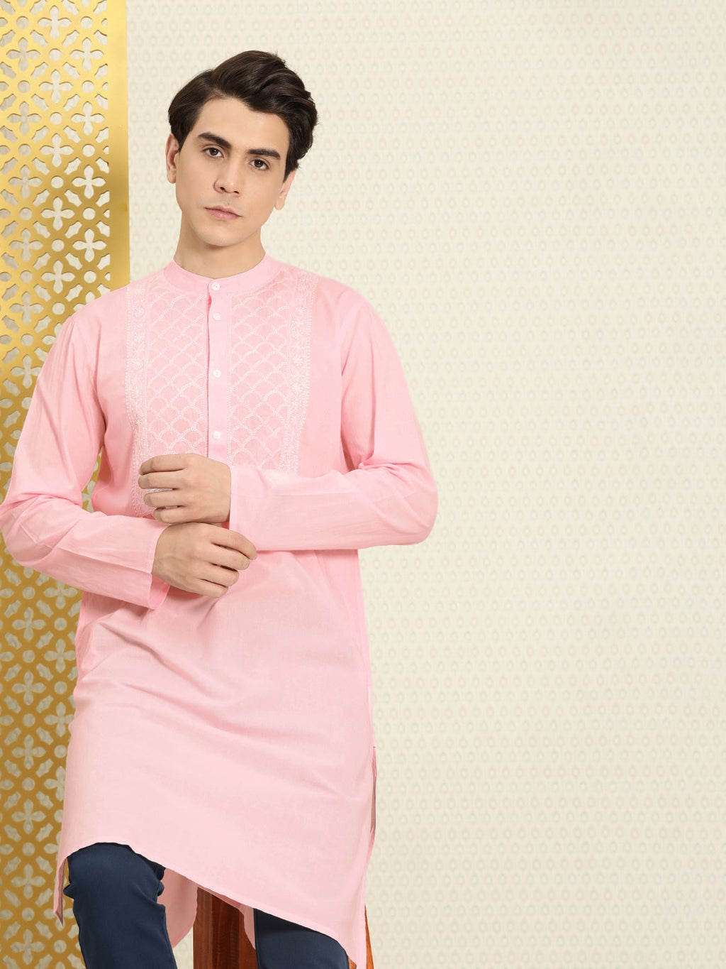 House of Pataudi Men Chikankari Yoke Design Pastels Pure Cotton Rozana Kurta