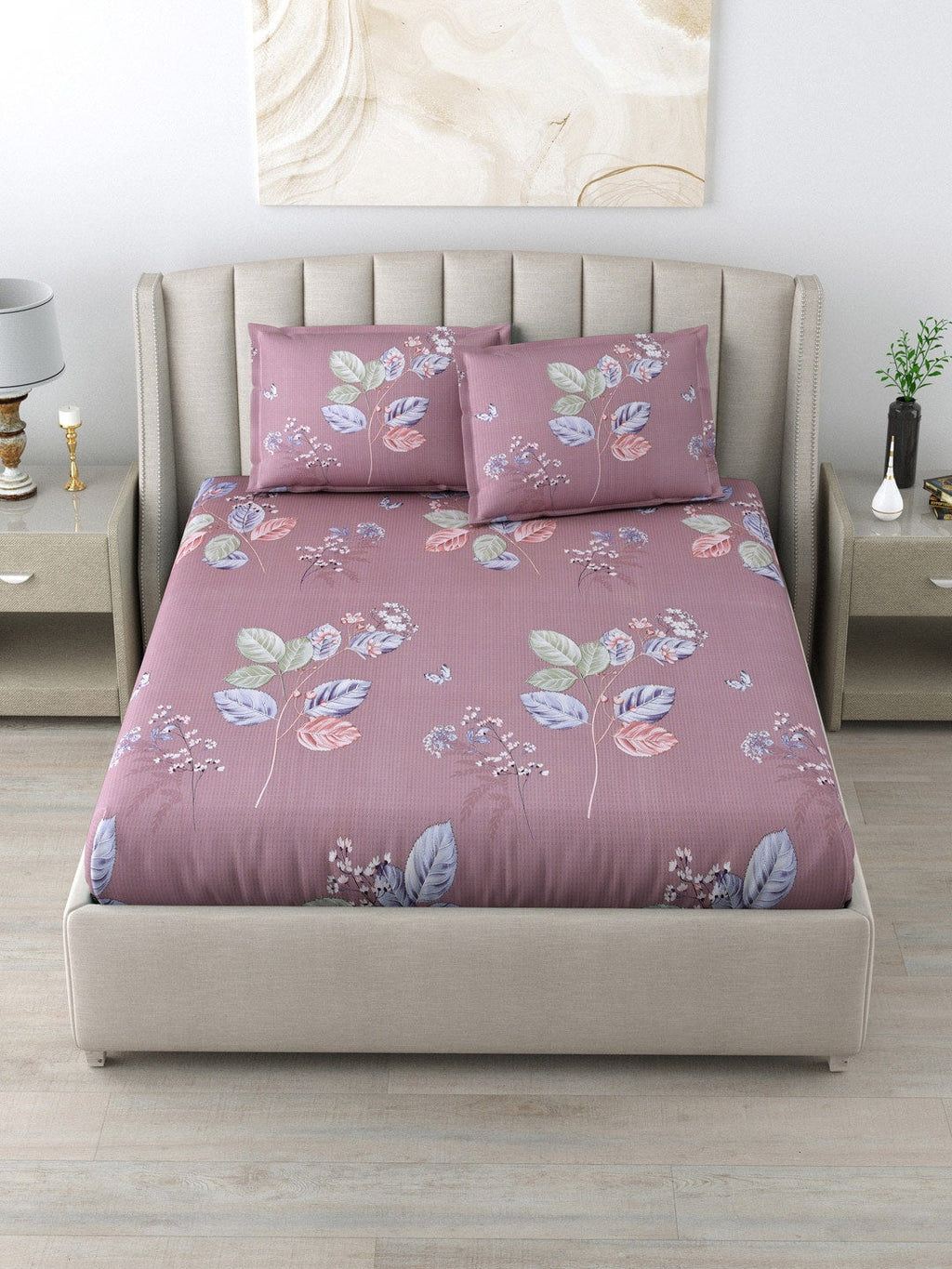 DREAM WEAVERZ 220 TC Pink & Blue Floral Glazed Cotton King Bedsheet with 2 Pillow Covers