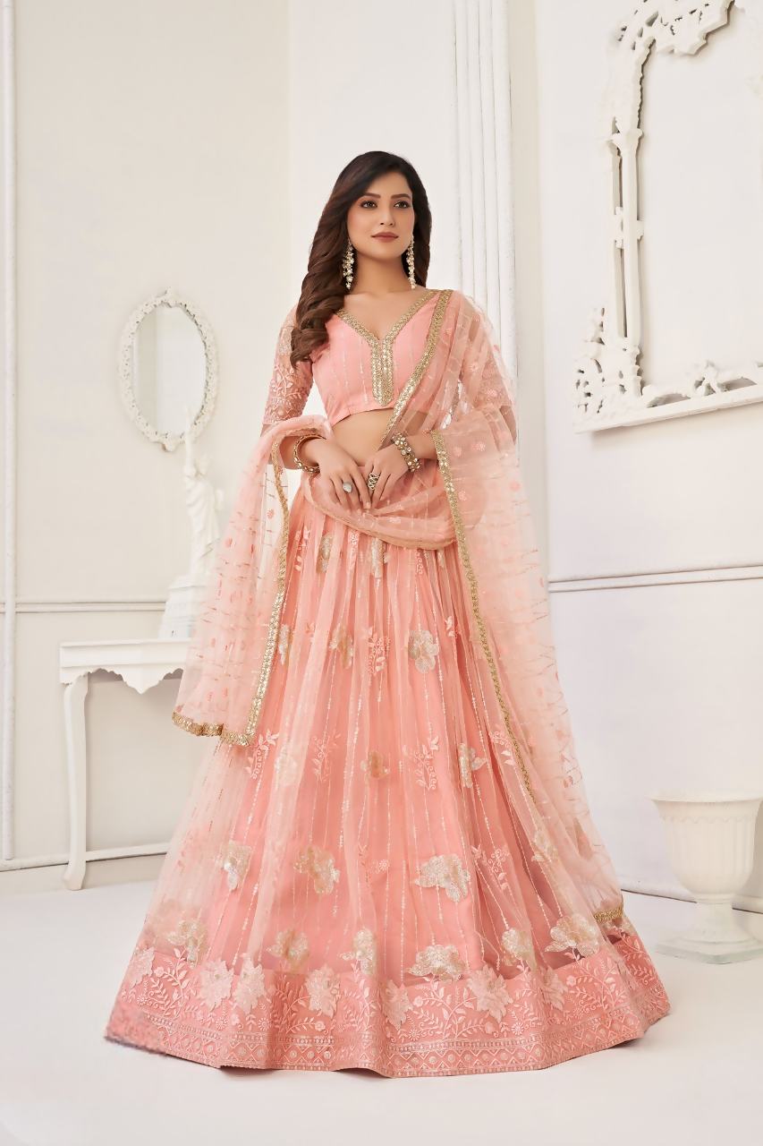 Eilara Women'S Peach Butterfly Net With Sequins And Embroidery Work Lehenga Choli For Party Wear