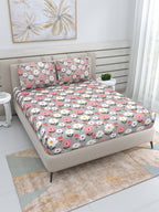 DREAM WEAVERZ Silver & Pink Pure Cotton Floral Queen Bedsheet with 2 Pillow Covers