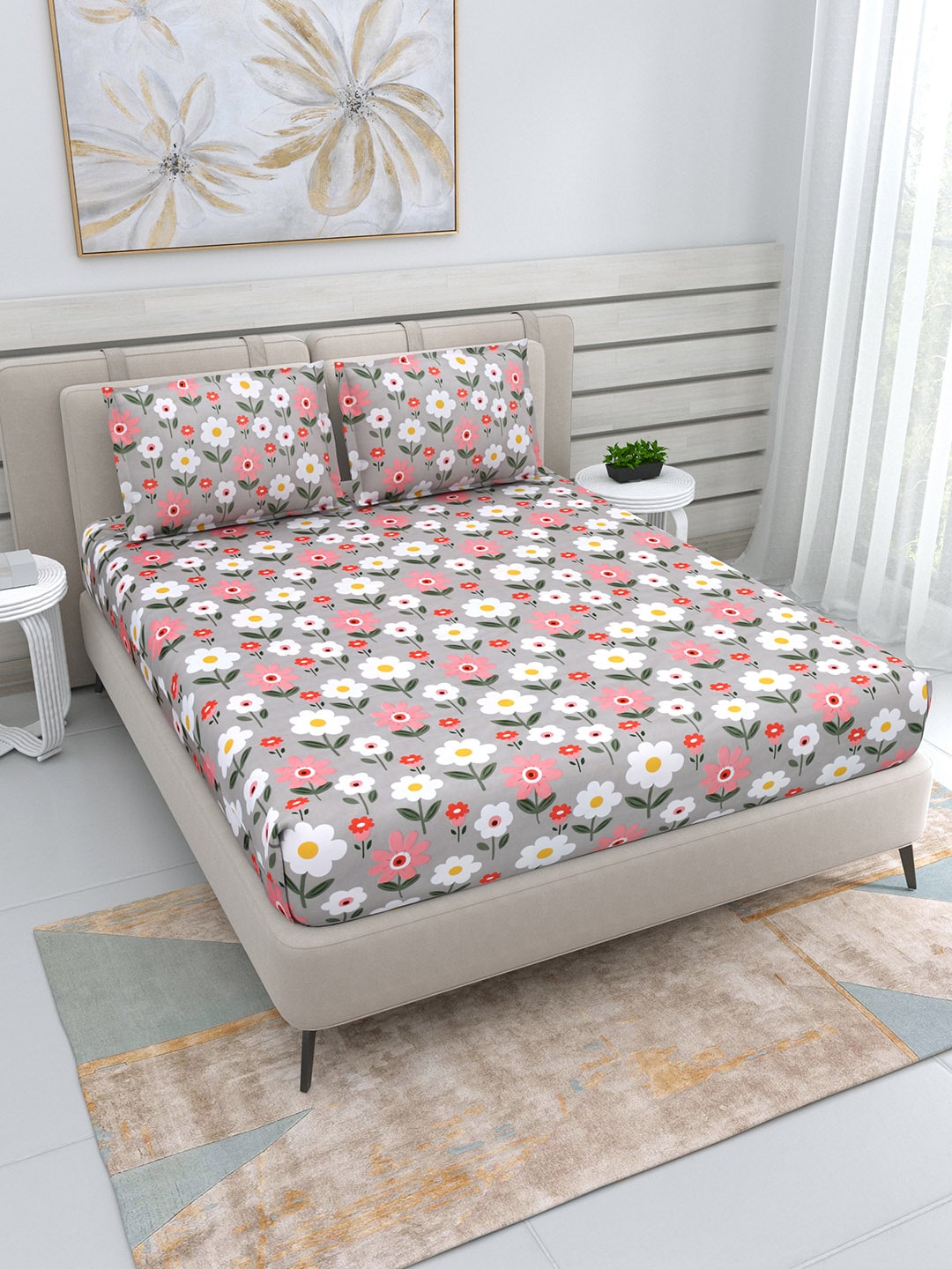 DREAM WEAVERZ Silver & Pink Pure Cotton Floral Queen Bedsheet with 2 Pillow Covers